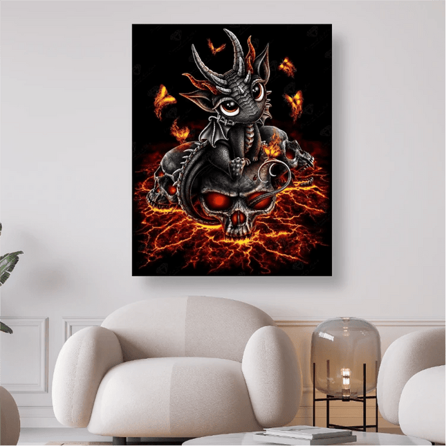 Drache sitzt auf Schädel mit Flammen - 5D DIY Diamond Painting