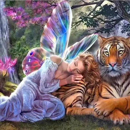 Elfe schläft auf Tiger - 5D DIY Diamond Painting