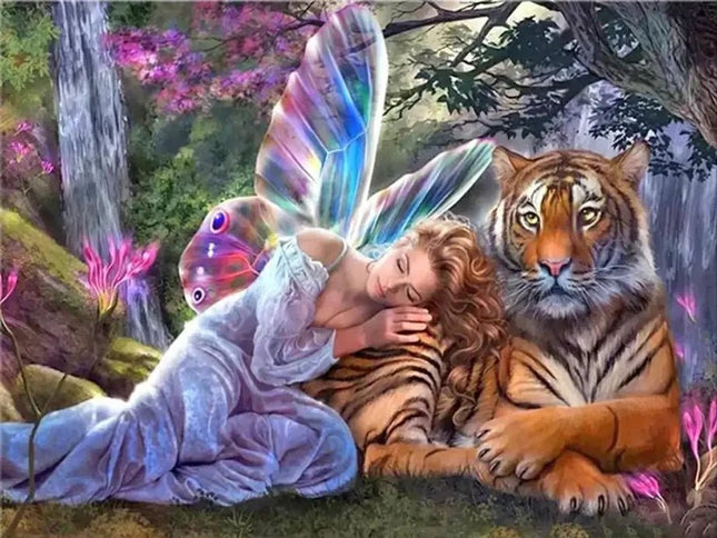 Elfe schläft auf Tiger - 5D DIY Diamond Painting