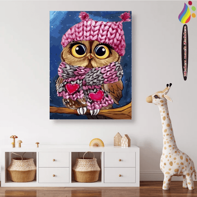 Eule mit Mütze und Schal - Malen nach Zahlen