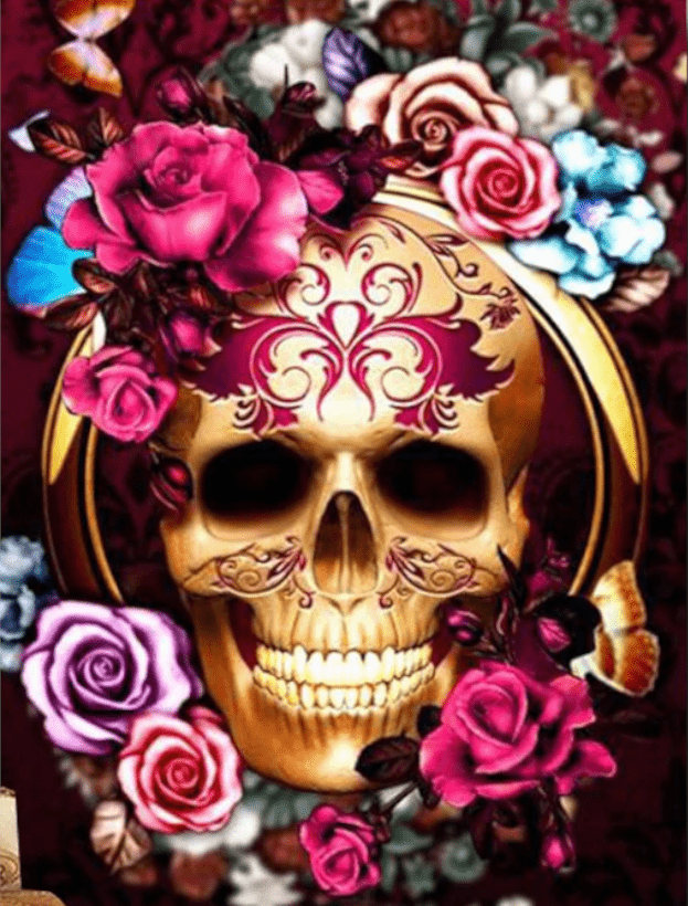 Goldener lachender Schädel mit Blumen - 5D DIY Diamond Painting