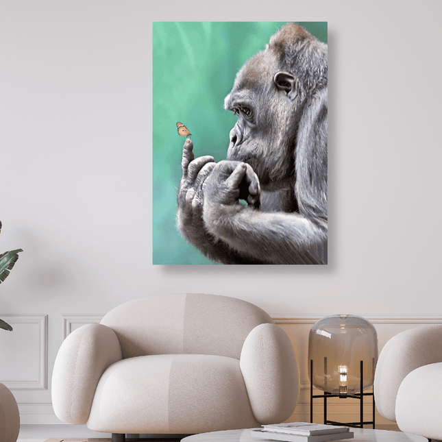 Gorilla bestaunt Schmetterling auf seinem Finger - 5D DIY Diamond Painting