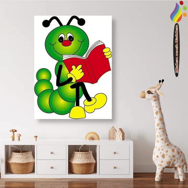 Grüne Raupe mit Buch - Malen nach Zahlen