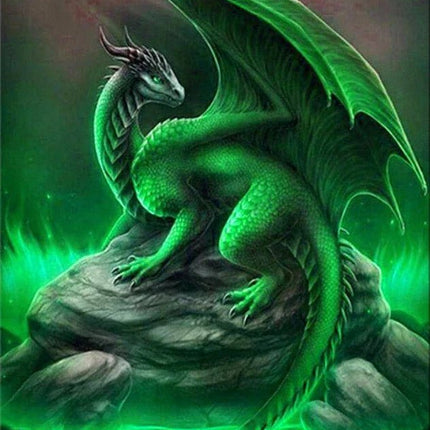 Grüner Drachen sitzt auf Felsen - 5D DIY Diamond Painting