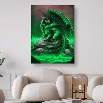 Grüner Drachen sitzt auf Felsen - 5D DIY Diamond Painting