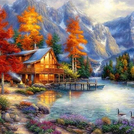 Herbstlandschaft in den Bergen mit Haus und See - 5D DIY Diamond Painting