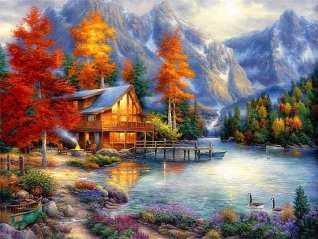 Herbstlandschaft in den Bergen mit Haus und See - 5D DIY Diamond Painting