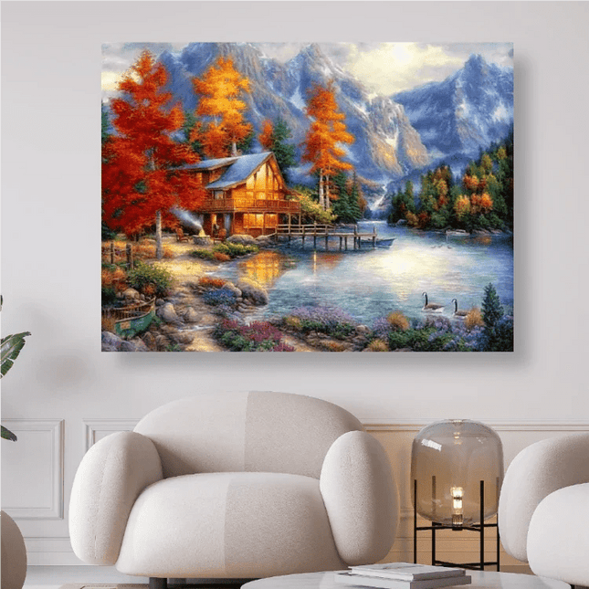 Herbstlandschaft in den Bergen mit Haus und See - 5D DIY Diamond Painting
