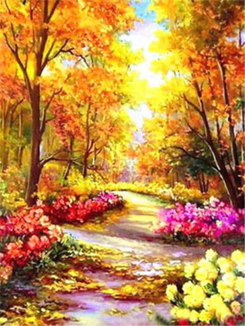 Herbstlandschaft mit bunten Bäumen und Blumen - 5D DIY Diamond Painting