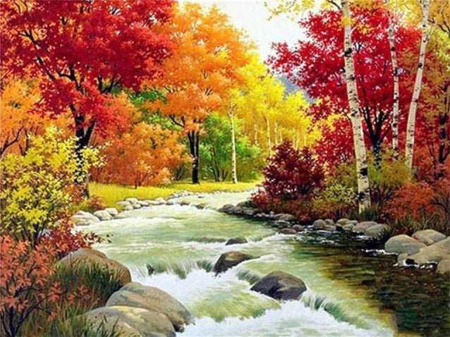 Herbstlandschaft mit wunderschön gefärbten Bäumen am Fluss - 5D DIY Diamond Painting