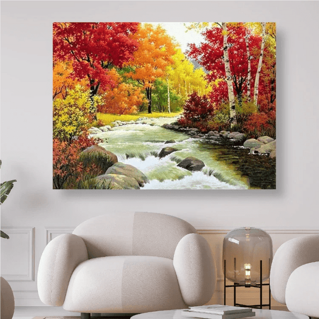 Herbstlandschaft mit wunderschön gefärbten Bäumen am Fluss - 5D DIY Diamond Painting