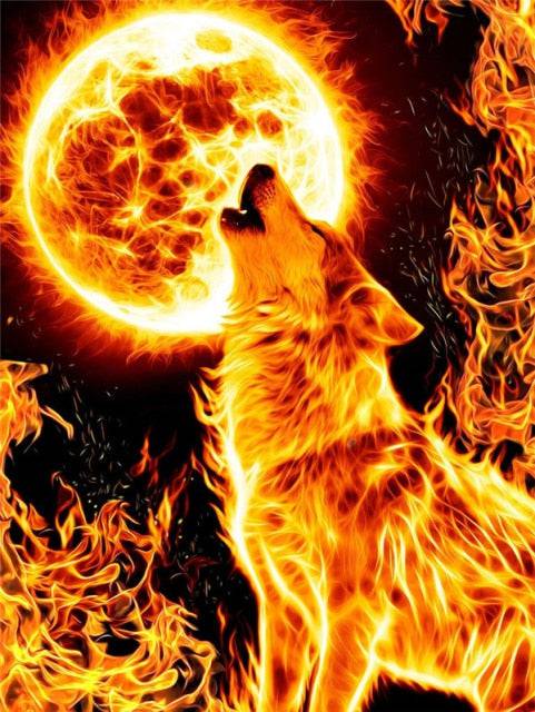 Heulender Wolf mit Mond in Feuer und Flammen - 5D DIY Diamond Painting
