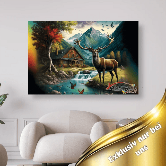 Hirsch mit Forsthaus - 5D DIY Diamond Painting