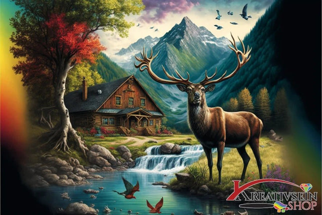 Hirsch mit Forsthaus - 5D DIY Diamond Painting