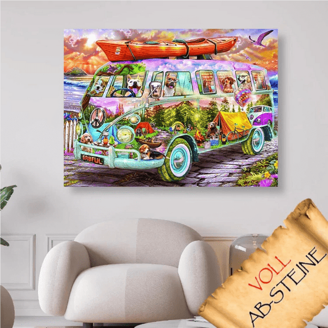 Hunde on Tour mit buntem Bulli - Voll AB 5D DIY Diamond Painting