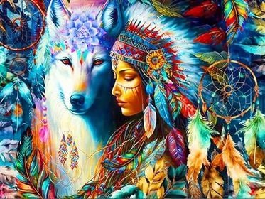 Indianerfrau mit Wolf 200 Farben LA - 5D DIY Diamond Painting