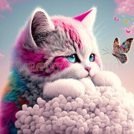 Kätzchen mit blauen Augen und Schmetterling - 5D DIY Diamond Painting