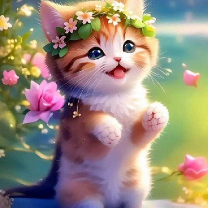 Kätzchen mit Blumenkranz - 5D DIY Diamond Painting