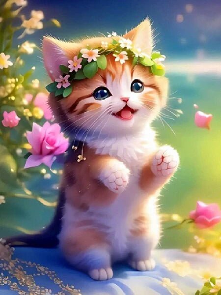 Kätzchen mit Blumenkranz - 5D DIY Diamond Painting