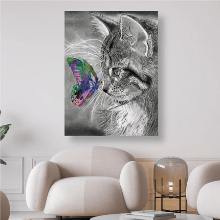 Katze mit bunten Schmetterling - 5D DIY Diamond Painting
