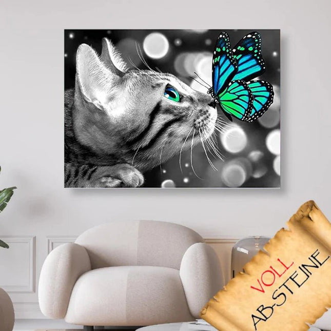 Katze mit Schmetterling auf der Nase - Voll AB 5D DIY Diamond Painting