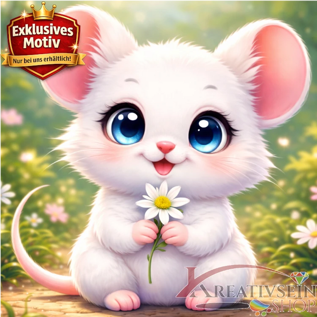 🐭 Kawaii Diamond Painting Set „Niedliche Maus mit Edelweiss“ – Süßes DIY Motiv