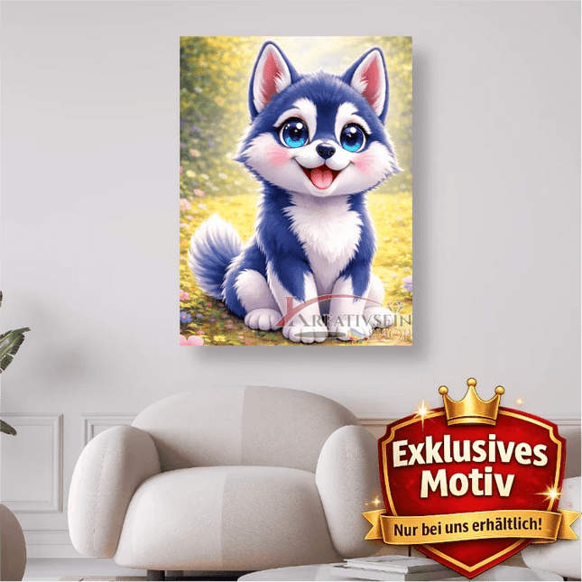 🐶 Kawaii Diamond Painting Set „Süßer Husky im Blütenfeld“ – Niedliches DIY Motiv