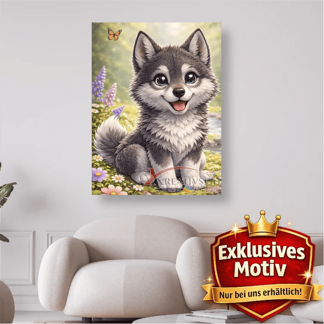 🐺 Kawaii Diamond Painting Set „Süßer Wolf mit Schmetterling“ – Niedliches DIY Motiv