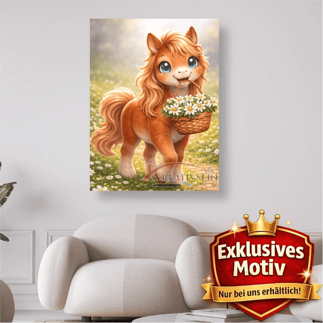 🐴 Kawaii Diamond Painting Set „Süßes Pony mit Blumenkorb“ – Niedliches DIY Motiv