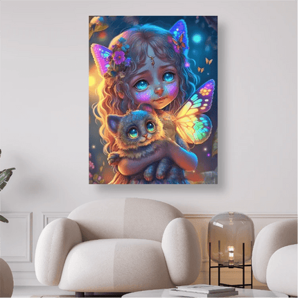 Kleine bunte Elfe mit Kätzchen - 5D DIY Diamond Painting