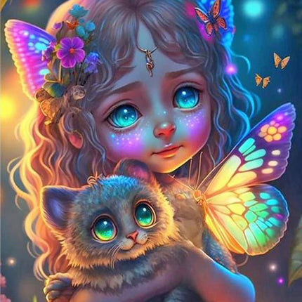 Kleine bunte Elfe mit Kätzchen - 5D DIY Diamond Painting