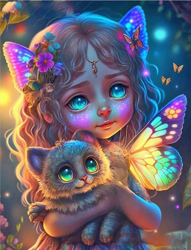 Kleine bunte Elfe mit Kätzchen - 5D DIY Diamond Painting