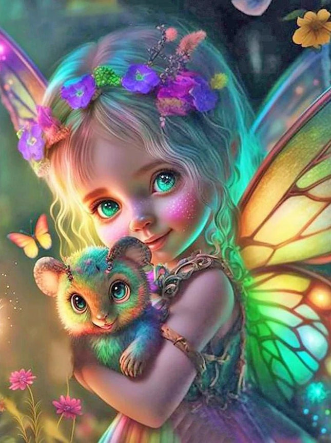 Kleine bunte Elfe mit Tier - 5D DIY Diamond Painting