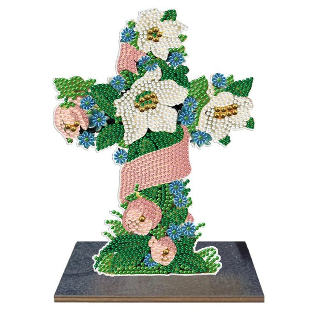 Kreuz mit weissen Blumen Aufsteller - Diamond Painting