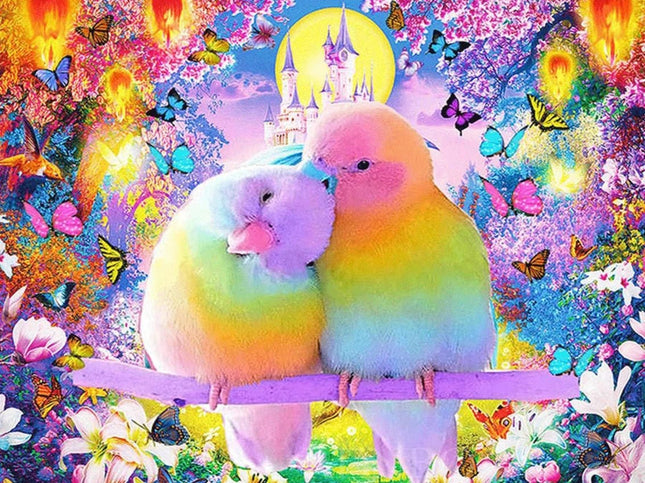 Liebesvögel vor dem Dornröschenschloss - Voll AB 5D DIY Diamond Painting