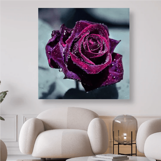 Lilafarbene Rosenblüte mit Wassertropfen - 5D DIY Diamond Painting