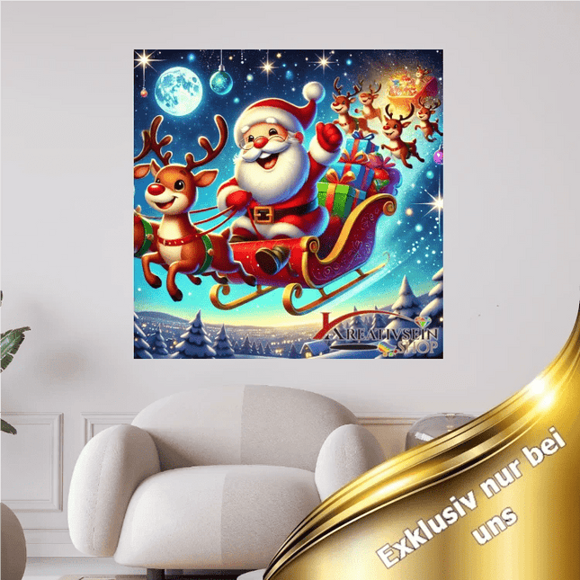 Lustiger Weihnachtsmann im Schlitten mit Rentieren - 5D DIY Diamond Painting