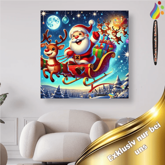 Lustiger Weihnachtsmann im Schlitten mit Rentieren - Malen nach Zahlen