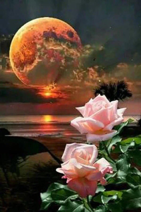 Mond mit Rosen und Sonnenuntergang - 5D DIY Diamond Painting
