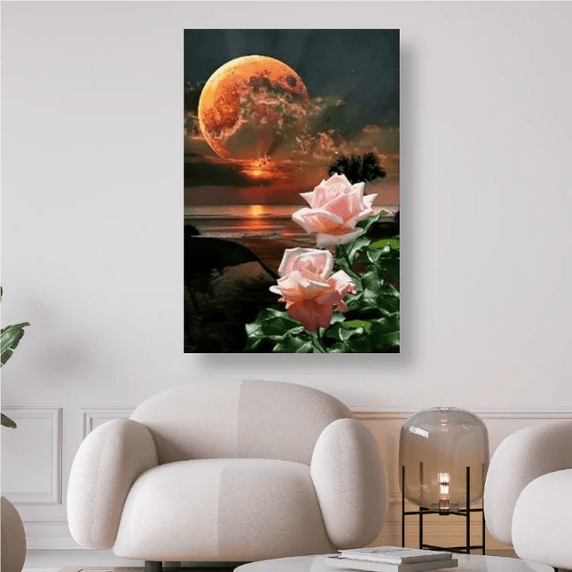Mond mit Rosen und Sonnenuntergang - 5D DIY Diamond Painting