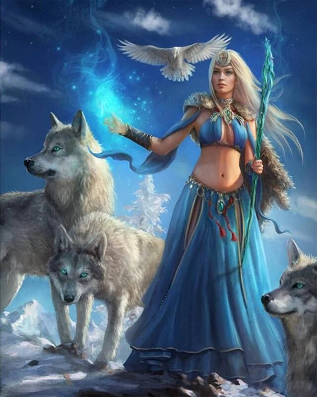Nymphe mit blauem Kleid und Wölfen - 5D DIY Diamond Painting