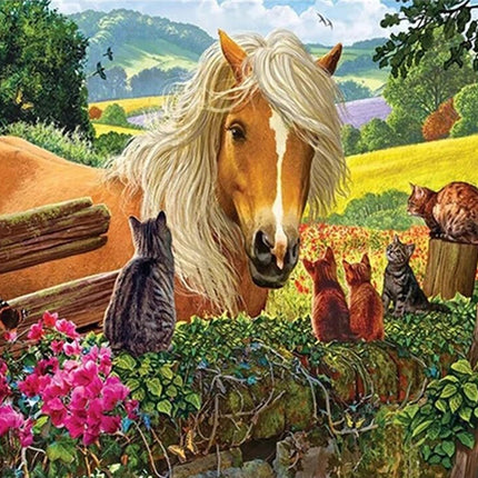 Pferd mit Katzen - Voll AB 5D DIY Diamond Painting