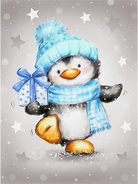 Pinguin mit blauem Schal und Mütze - 5D DIY Diamond Painting
