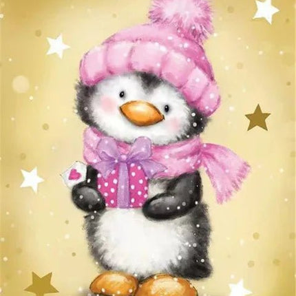 Pinguin mit Schal und Mütze in Pink - 5D DIY Diamond Painting