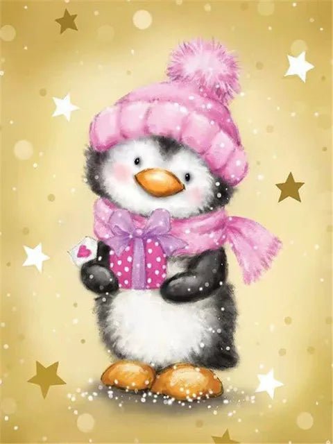 Pinguin mit Schal und Mütze in Pink - 5D DIY Diamond Painting
