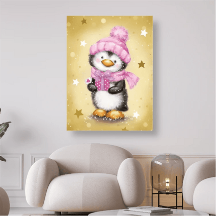 Pinguin mit Schal und Mütze in Pink - 5D DIY Diamond Painting