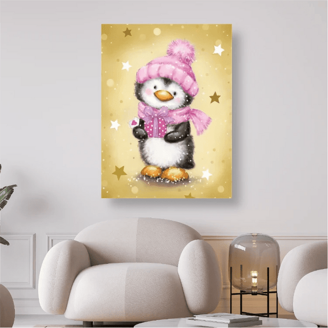 Pinguin mit Schal und Mütze in Pink - 5D DIY Diamond Painting