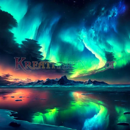 Polarlichter spiegeln sich im Wasser LA - 5D DIY Diamond Painting