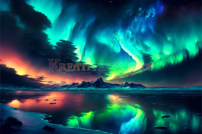 Polarlichter spiegeln sich im Wasser - Malen nach Zahlen