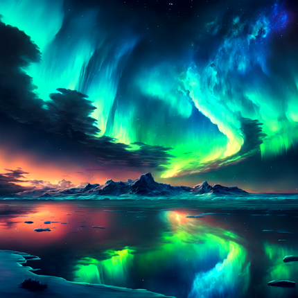 Polarlichter spiegeln sich im Wasser - Malen nach Zahlen